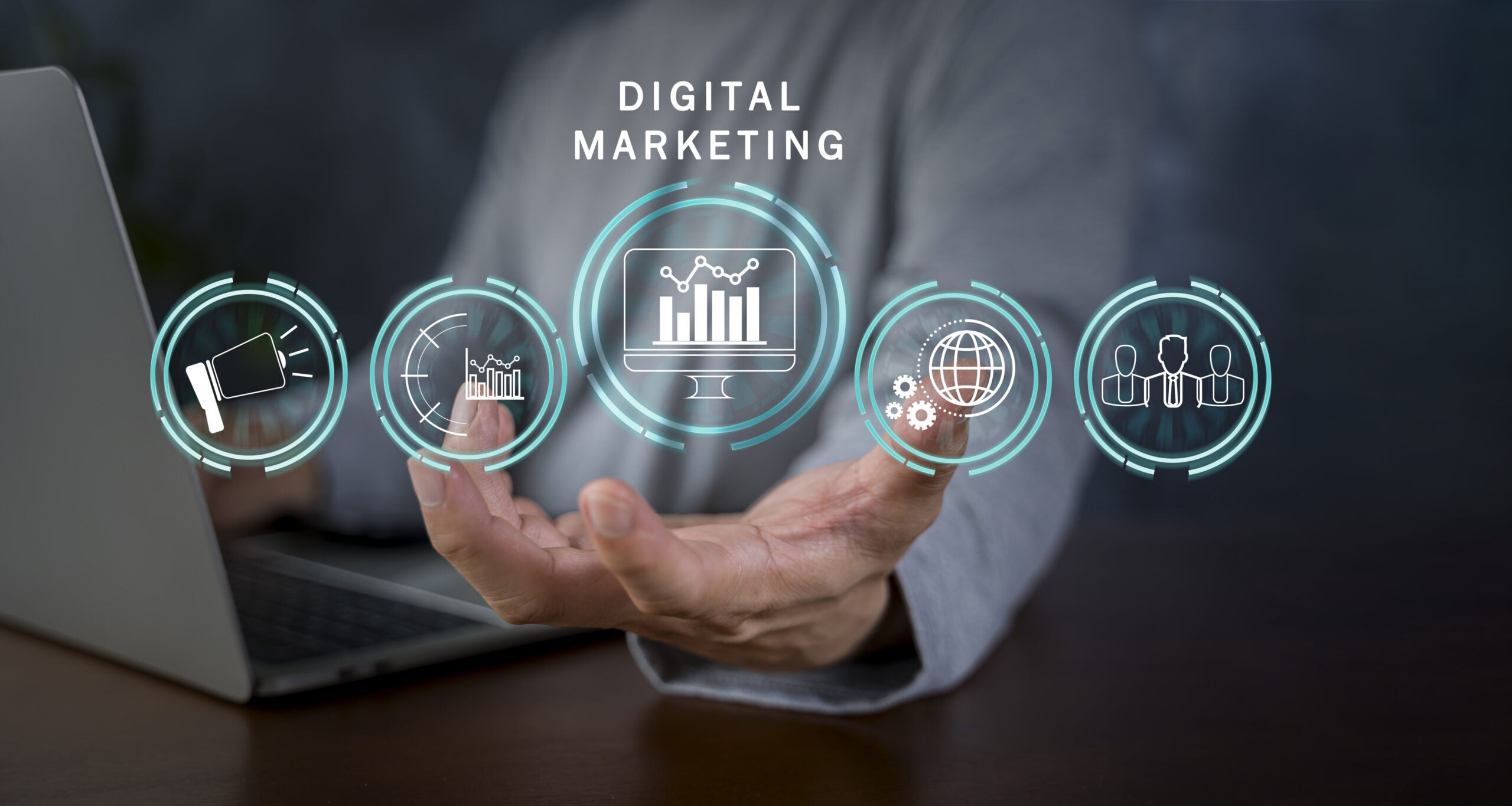 Hand shows the sign and icon of Digital marketing internet advertising and sales increase business technology concept, online marketing, E-business, Ecommerce, Business online.