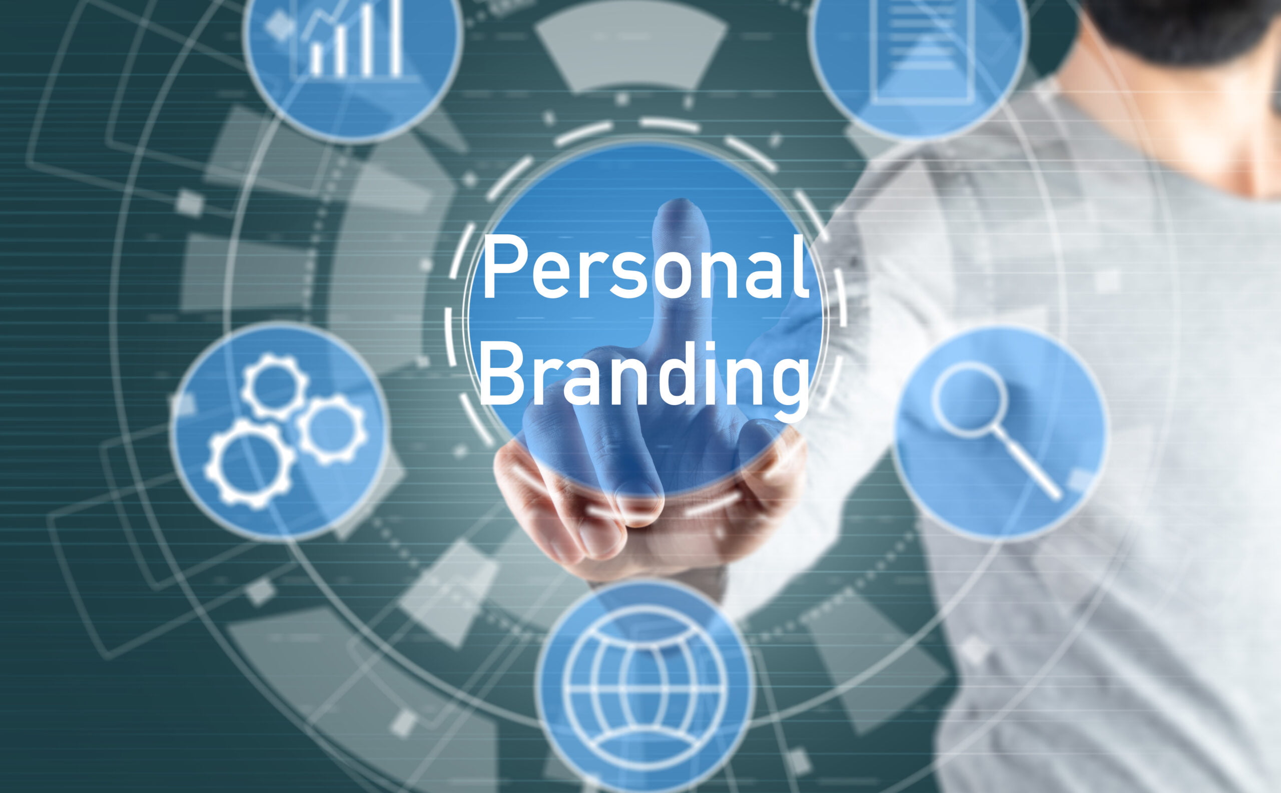 Personal Branding and icons on a virtual screen. Man tapping on the screen